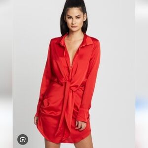 Morisday The Label Red Satin Shirt Dress Front Tie - Size Small NWT